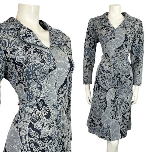 VTG 70S BLUE SILVER PAISLEY PSYCHEDELIC LAPEL LONG SLEEVE PARTY SHIRT DRESS 12