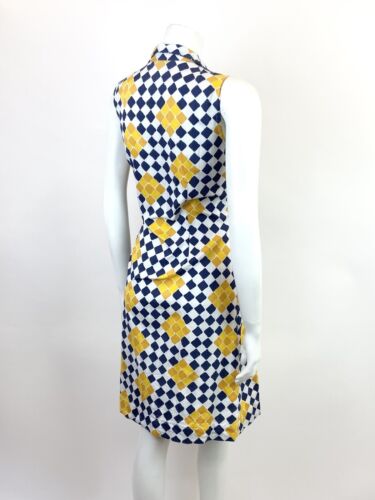 VTG 60s 70s WHITE BLUE YELLOW CHECKERBOARD GEOMETRIC DAGGER SHIRT DRESS 12 14