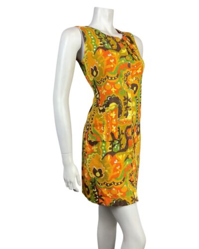 VTG 60s 70s YELLOW ORANGE GREEN PSYCHEDELIC FLORAL TERRY TOWELLING MOD DRESS 8