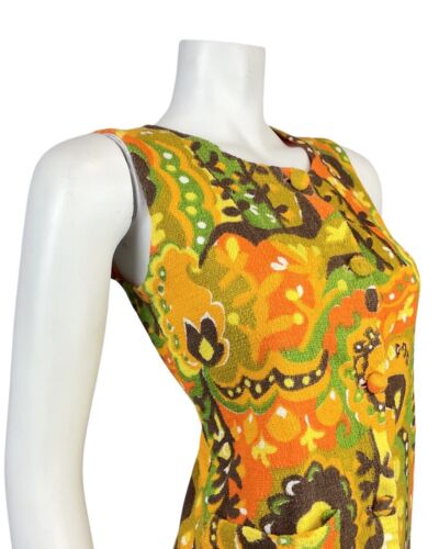 VTG 60s 70s YELLOW ORANGE GREEN PSYCHEDELIC FLORAL TERRY TOWELLING MOD DRESS 8