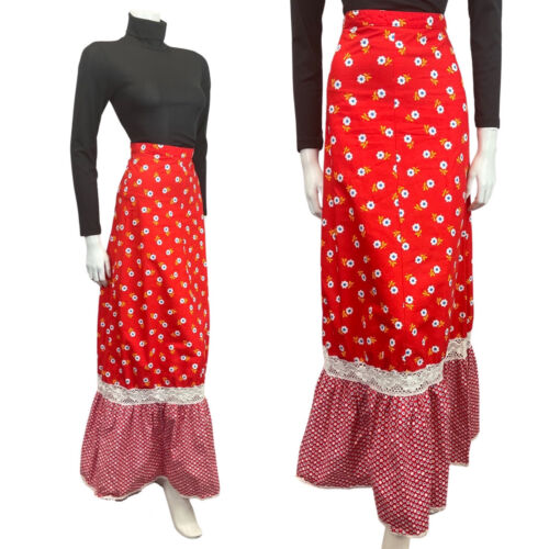 VTG 60s 70s RED WHITE BLUE DAISY FLORAL RUFFLED MOD BOHO PRAIRIE MAXI SKIRT 4