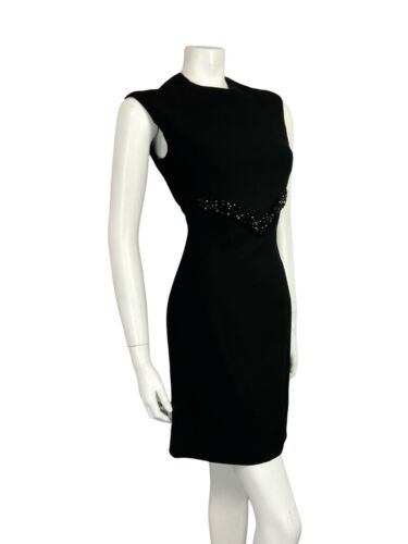 VTG 60S MOD BLACK WOOL BASQUE WAIST BEADED PANEL EVENING PARTY MINI DRESS S 8 10