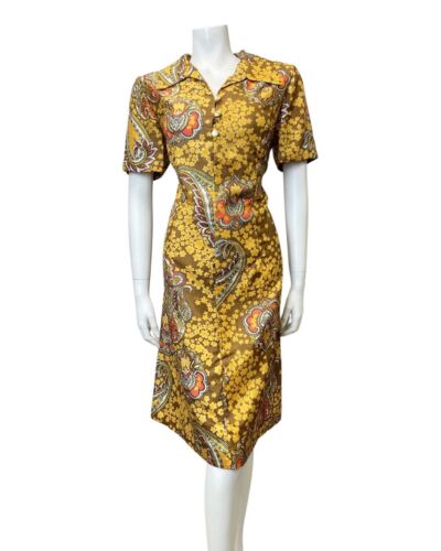 VINTAGE 60s 70s BROWN YELLOW ORANGE FLORAL PAISLEY DAGGER SHIRT DRESS 12 14