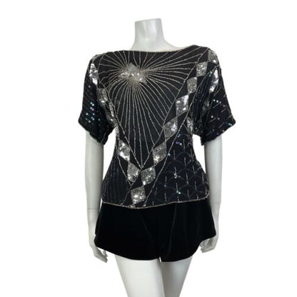 VTG 70s BLACK SILVER SEQUIN BEADED ART DECO SCALES GEOMETRIC DISCO TOP 16 18