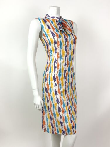 VTG 60s 70s WHITE PURPLE YELLOW BLUE STRIPED SQUIGGLE SHIFT DRESS 10