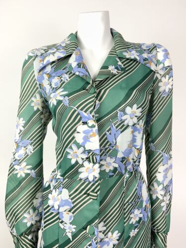 VINTAGE 60s 70s GREEN CREAM BLUE STRIPED FLORAL DAGGER COLLAR SHIRT DRESS 12