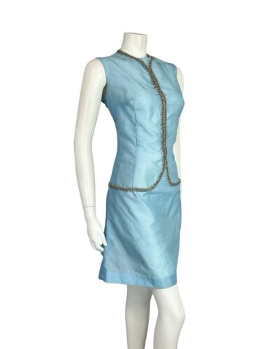 VTG 60S LIGHT BLUE SILVER BEADED TRIM MOD GOGO PARTY SLEEVELESS MINI DRESS 12