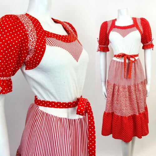 VTG 60s 70s RED WHITE STRIPE DOTTY FLORAL PRAIRIE FOLK PUFF SLEEVE DRESS 10 12