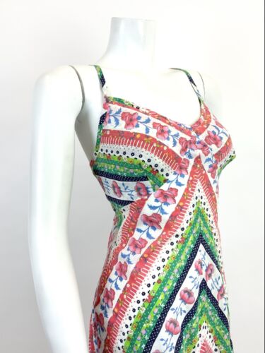 VTG 60s 70s WHITE GREEN RED BLUE FLORAL STRIPED DOTTY STRAPPY FOLK SUNDRESS 12