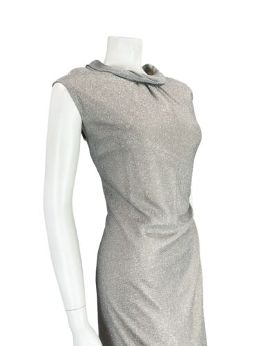 VTG 60S MOD PARTY SILVER LUREX FUNNEL NECK SLEEVELESS SHIFT DRESS 12 14