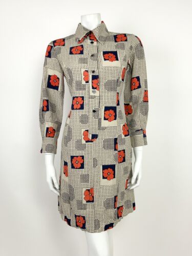 VINTAGE 60s 70s BEIGE BLACK BLUE RED FLORAL POPPY POLKA DOT SHIRT DRESS 10 12