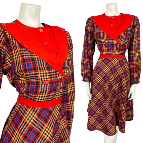 VTG 60S 70S RED BLUE YELLOW TARTAN GRIDDED TAILORED SHIRT DRESS WITH BELT 10 12