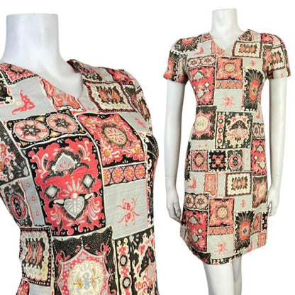 VINTAGE 60s 70s GREY BLACK RED PATCHWORK PSYCHEDELIC PAISLEY FLORAL MOD DRESS 10
