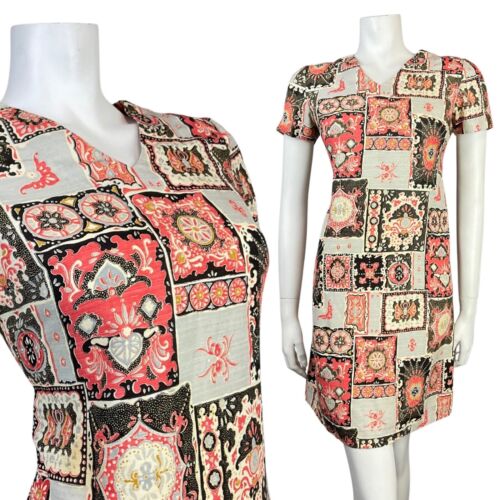 VINTAGE 60s 70s GREY BLACK RED PATCHWORK PSYCHEDELIC PAISLEY FLORAL MOD DRESS 10