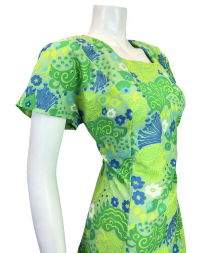 VINTAGE 60s 70s APPLE LIME GREEN BLUE PSYCHEDELIC SWIRL DAISY MOD DRESS 12