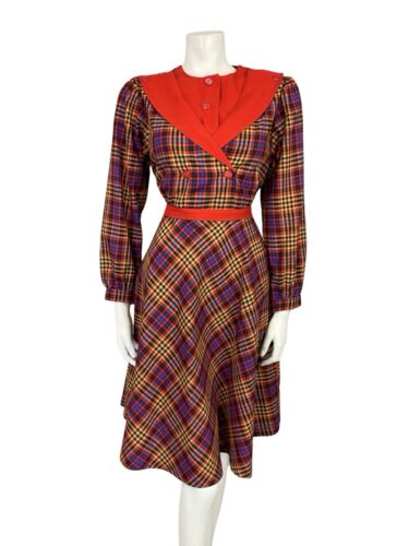 VTG 60S 70S RED BLUE YELLOW TARTAN GRIDDED TAILORED SHIRT DRESS WITH BELT 10 12