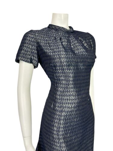 VTG 60S NAVY BLUE STEEL GREY SHINY DIAMOND GEOMETRIC MOD PARTY MINI DRESS 12