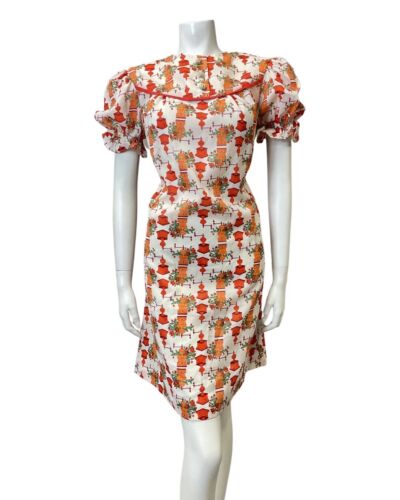 VTG 60s 70s WHITE RED ORANGE FLORAL COFFEE GRINDER PUFF SLEEVE MOD DRESS 12 14