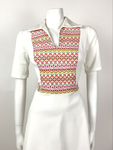 VTG 60s 70s WHITE PINK ORANGE GREEN GEOMETRIC MOD WING COLLAR SHIRT DRESS 10