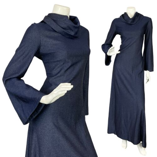 VTG 70S HIPPY DISCO BELL SLEEVE NAVY BLUE LUREX COWL NECK MMAXI PARTY DRESS 10