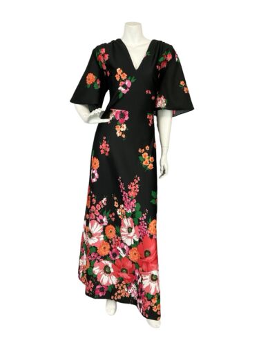 VTG 70S ANGEL SLEEVE BLACK RED PINK FLORAL PLUNGING NECKLINE MAXI DRESS 14 16