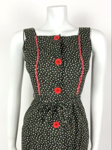 VTG 70s BLACK RED WHITE FLORAL DITSY FOLK PRAIRIE BOHO APRON PINAFORE DRESS 8