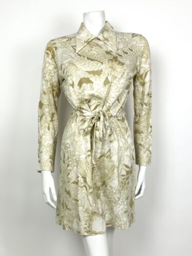 VINTAGE 60s 70s WHITE GOLD OLIVE FLORAL SWIRL DAGGER COLLAR BLOUSON DRESS 10 12