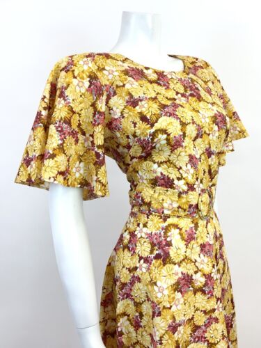 VTG 60s 70s YELLOW RED BROWN FLORAL PSYCHEDELIC BELL SLEEVE SWING DRESS 10 12