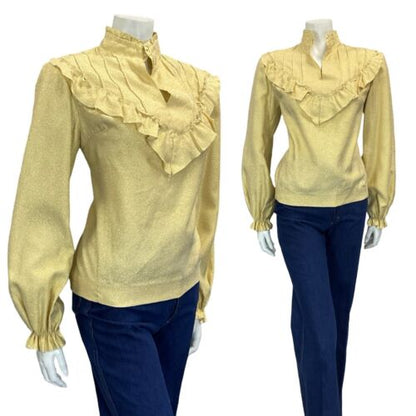 VTG 70S LIGHT GOLD SPARKLING RUFFLE BIB COLLAR BALLOON SLEEVE PARTY BLOUSE 12 14