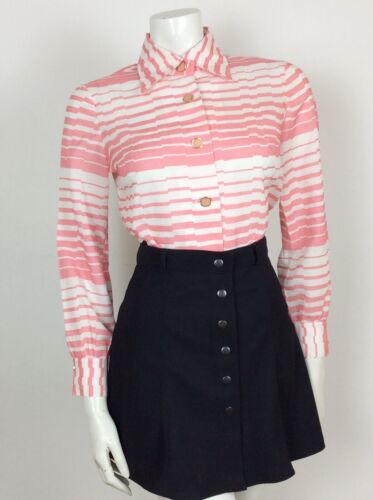 70s VTG PINK WHITE DAGGER COLLAR STRIPE PRINT SHIRT BLOUSE 12