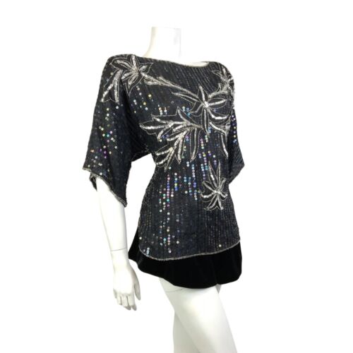 VTG 70s 80s BLACK SILVER FLORAL SEQUIN BEADED DISCO PARTY STUDIO 54 TOP 20 22