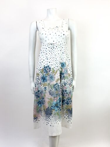 VTG 60s 70s WHITE BLUE PINK GOLD FLORAL DITSY EMPIRE LINE STRAPPY SUN DRESS 8