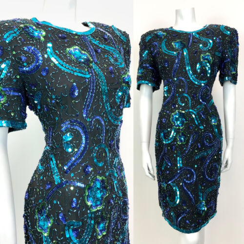 VTG 70s 80s BLACK BLUE GREEN VINE FLORAL SEQUIN DISCO STUDIO 54 PARTY DRESS 14