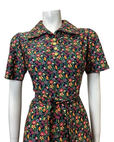 VINTAGE 60s 70s BLUE GREEN ORANGE DITSY DAISY FLOWER SHIRT SWING DRESS 12 14