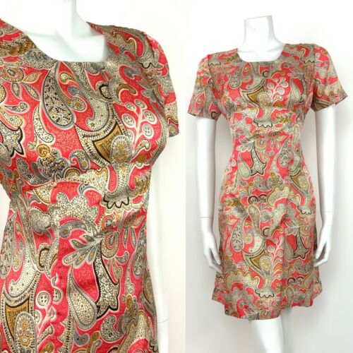 VTG 60s SUMMER DRESS PAISLEY FLORAL PINK SILVER CREAM GREY BROWN GOLD 12