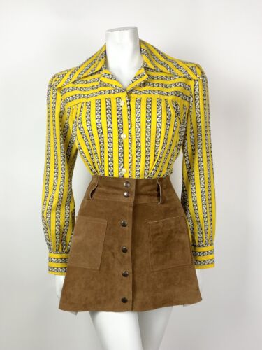 VTG 60s 70s YELLOW BLUE WHITE STRIPED DAISY FLORAL MOD DAGGER SHIRT BLOUSE 12 14