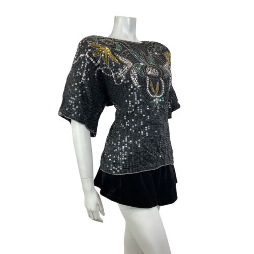 VTG 70s 80s BLACK GREEN GOLD FLORAL DISCO PARTY GLAM STUDIO 54 SEQUIN TOP 16 18