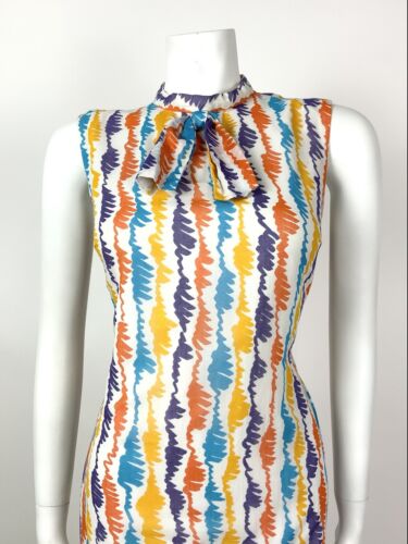 VTG 60s 70s WHITE PURPLE YELLOW BLUE STRIPED SQUIGGLE SHIFT DRESS 10