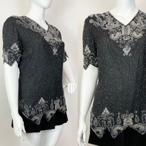 VTG 70s 80s BLACK SILVER SQUIGGLE FLORAL BROCADE PARTY SEQUIN BLOUSE TOP 24 26