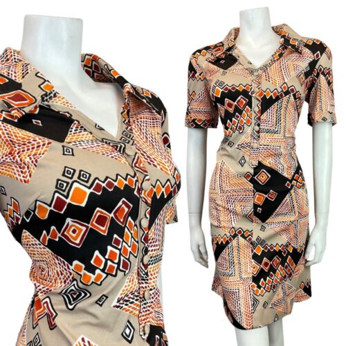 VINTAGE 60s 70s BEIGE BLACK RED ORANGE GEOMETRIC SQUARE MOD SHIRT DRESS 14 16