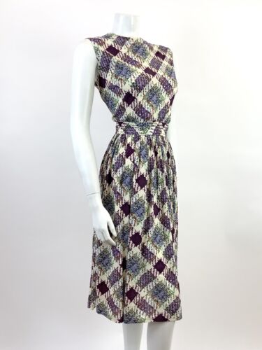 VTG 60s 70s WHITE PURPLE GREEN ORANGE CHECKED PLAID BLOUSON SLEEVELESS DRESS 10