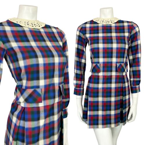 VTG 60S MOD RED BLUE WHITE GREEN TARTAN PLEATED CROTCHED COLLAR SMOCK DRESS 8