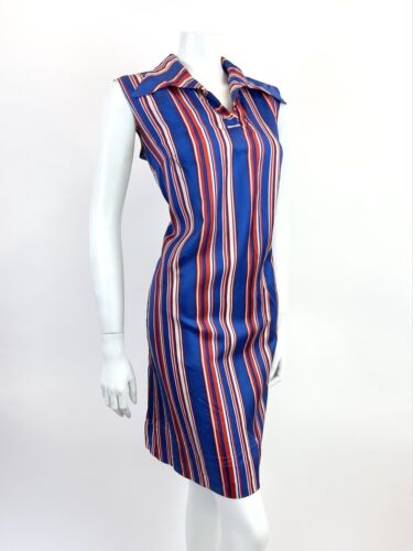 VTG 60s 70s ROYAL BLUE RED WHITE STRIPED WING COLLAR MOD SHIRT SHIFT DRESS 12 14