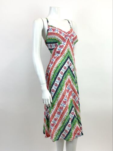 VTG 60s 70s WHITE GREEN RED BLUE FLORAL STRIPED DOTTY STRAPPY FOLK SUNDRESS 12