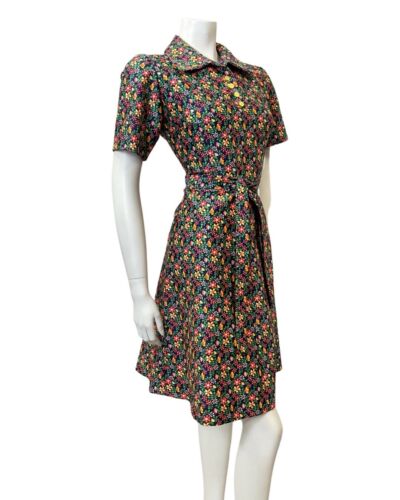 VINTAGE 60s 70s BLUE GREEN ORANGE DITSY DAISY FLOWER SHIRT SWING DRESS 12 14