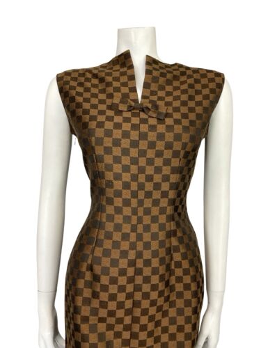 VTG 60S BROWN CHECKERBOARD METALLIC WIGGLE MIDI DRESS WITH BOW 10