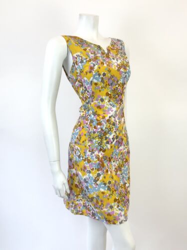 VTG 60s 70s WHITE PINK YELLOW BLUE PSYCHEDELIC FLORAL SLEEVELESS MOD DRESS 12 14