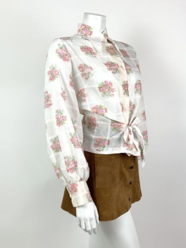 VTG 60s 70s WHITE FLORAL CHECKED DAGGER COLLAR FOLK PUFF SLEEVE SHIRT 12 14