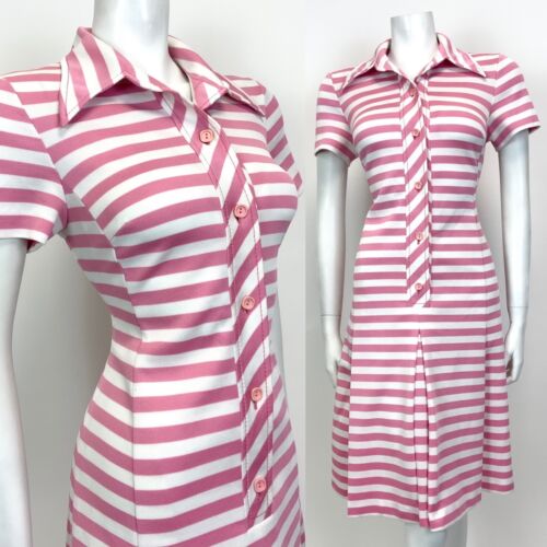 VINTAGE 60s 70s PINK WHITE STRIPED MOD DAGGER COLLAR SWING SHIRT DRESS 10