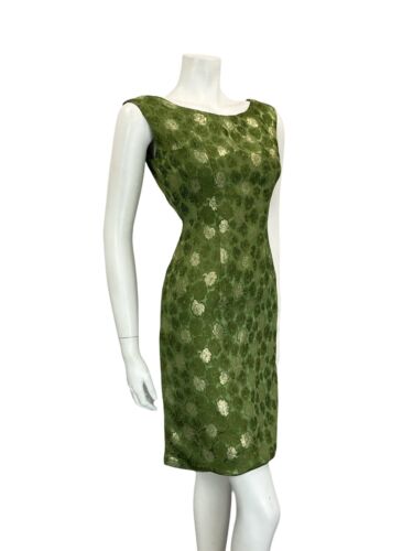 VTG 60S GREEN GOLD BROCADE BOAT NECK SLEEVELESS PARTY WIGGLE MIDI DRESS 8 10